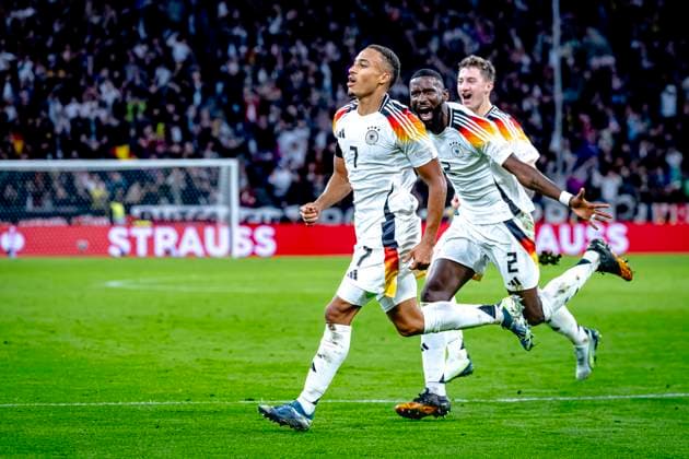 Germany midfielder Jamie Leweling scores the 1 0, and celebrating the goal during the match Germany Netherlands at the Allianz Arena for the UEFA Nations League, League phase, Matchday 4 season 2024 2025 in MUNICH, Germany on 14 oktober 2024, photo by Marcel van Dorst EYE4images DeFodi Images not used in POL SRB CRO FRA GBR NED ITA USA Defodi 746 195281 Defodi-746 not used in POL SRB CRO FRA GBR NED ITA USA