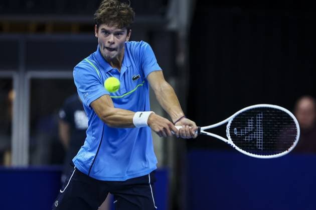 Belgian Alexander Blockx pictured in action during a tennis match in the round of 32 of the singles competition at the ATP, Tennis Herren European Open Tennis tournament in Antwerp, Tuesday 15 October 2024. DAVIDxPINTENS  x102645923x