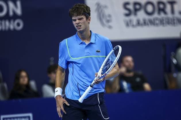 Belgian Alexander Blockx pictured in action during a tennis match in the round of 32 of the singles competition at the ATP, Tennis Herren European Open Tennis tournament in Antwerp, Tuesday 15 October 2024. DAVIDxPINTENS  x102645949x