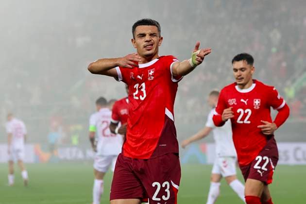 Zeki Amdouni Switzerland, 23, celebrates after his goal for 2 1 , UEFA , Nations League, Group A4, Switzerland vs Denmark, 15 10 2024, Kybunpark, St Gallen, Switzerland St Gallen Kybunpark St Gallen Switzerland Copyright: xGrantxHubbsx