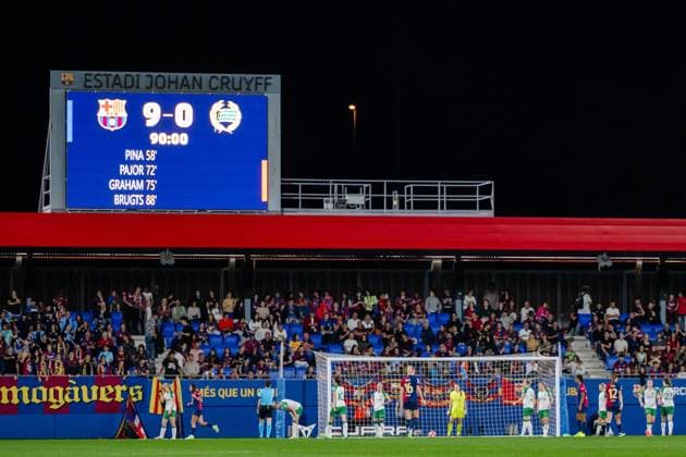 241016 The final result is shown on a screen during the Women s Champions League football match between Barcelona and Hammarby on October 16, 2024 in Barcelona Photo Johanna Säll BILDBYRAN kod JL JL0454 fotboll football soccer fotball uefa womens champions league barcelona hammarby dam bbeng  Copyright: JOHANNAxSÄLL BB241016BB801