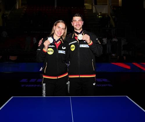 FRANZISKA Patrick KAUFMANN Annett GER EC Linz 2024 10 18 0929 JPG European Table Tennis Championships at TipsArena Linz, Austria, 18 October 2024 Mixed Doubles Victory Ceremony Linz TipsArena, Ziegeleistraße 76, 4020 Linz Upper Austria Austria Austria
