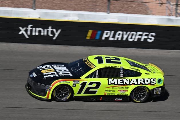 LAS VEGAS, NV - OCTOBER 20: Ryan Blaney ( 12 Team Penske Menards Great Stuff Ford) during the South Point 400 NASCAR, Motorsport, USA Cup Series playoff race on October, 20, 2024, at Las Vegas Motor Speedway in Las Vegas, NV. (Photo by Gary Nastase LVMS Icon Sportswire) AUTO: OCT 20 NASCAR Cup Series South Point 400 EDITORIAL USE ONLY Icon299241020431