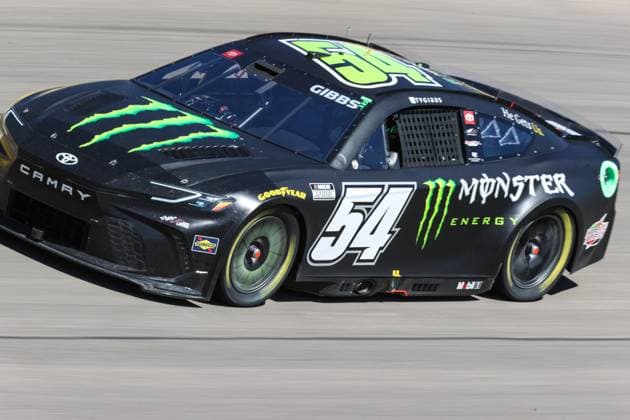 LAS VEGAS, NV - OCTOBER 20: Ty Gibbs ( 54 Joe Gibbs Racing Monster Energy Toyota) drives into turn four during the South Point 400 NASCAR, Motorsport, USA Cup Series playoff race on October 20, 2024, at Las Vegas Motor Speedway in Las Vegas, NV. (Photo by Christopher Trim Icon Sportswire) AUTO: OCT 20 NASCAR Cup Series South Point 400 EDITORIAL USE ONLY Icon241020500