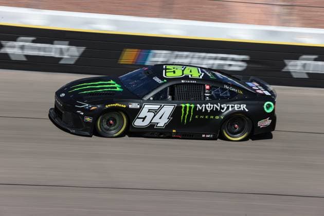 LAS VEGAS, NV - OCTOBER 20: Ty Gibbs ( 54 Joe Gibbs Racing Monster Energy Toyota) drives into turn four during the South Point 400 NASCAR, Motorsport, USA Cup Series playoff race on October 20, 2024, at Las Vegas Motor Speedway in Las Vegas, NV. (Photo by Christopher Trim Icon Sportswire) AUTO: OCT 20 NASCAR Cup Series South Point 400 EDITORIAL USE ONLY Icon241020553