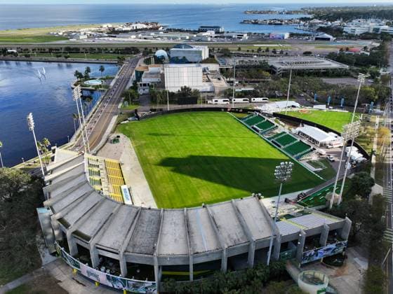 October 21, 2024, St. Petersburg, Florida, USA: An aerial drone view of Al Lang Stadium, the home of the Tampa Bay Rowdies, at 230 1st St SE, on Monday, Oct. 21, 2024, in St. Petersburg. Al Lang Stadium is a potential option for the Tampa Bay Rays considering the damage to the roof at Tropicana Field from Hurricane Milton. St. Petersburg USA - ZUMAs70_ 0774812859st Copyright: xDirkxShaddx