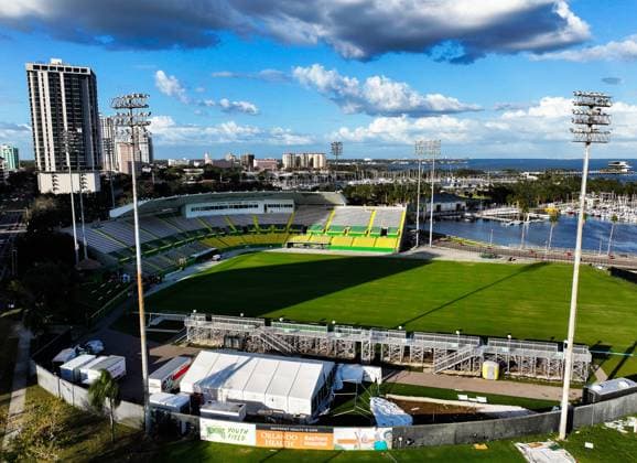 October 21, 2024, St. Petersburg, Florida, USA: An aerial drone view of Al Lang Stadium, the home of the Tampa Bay Rowdies, at 230 1st St SE, on Monday, Oct. 21, 2024, in St. Petersburg. Al Lang Stadium is a potential option for the Tampa Bay Rays considering the damage to the roof at Tropicana Field from Hurricane Milton. St. Petersburg USA - ZUMAs70_ 0774813222st Copyright: xDirkxShaddx