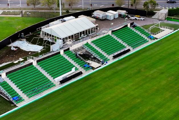 October 21, 2024, St. Petersburg, Florida, USA: An aerial drone view showing some of the damage from Hurricanes Helene and Milton at Al Lang Stadium, the home of the Tampa Bay Rowdies, at 230 1st St SE, on Monday, Oct. 21, 2024, in St. Petersburg. Al Lang Stadium is a potential option for the Tampa Bay Rays considering the damage to the roof at Tropicana Field from Hurricane Milton. St. Petersburg USA - ZUMAs70_ 0774813248st Copyright: xDirkxShaddx