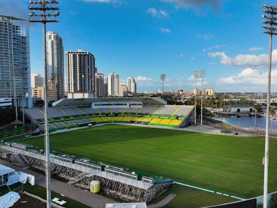 October 21, 2024, St. Petersburg, Florida, USA: An aerial drone view of Al Lang Stadium, the home of the Tampa Bay Rowdies, at 230 1st St SE, on Monday, Oct. 21, 2024, in St. Petersburg. Al Lang Stadium is a potential option for the Tampa Bay Rays considering the damage to the roof at Tropicana Field from Hurricane Milton. St. Petersburg USA - ZUMAs70_ 0774813595st Copyright: xDirkxShaddx