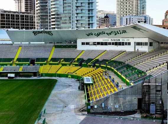 October 21, 2024, St. Petersburg, Florida, USA: An aerial drone view of Al Lang Stadium, the home of the Tampa Bay Rowdies, at 230 1st St SE, on Monday, Oct. 21, 2024, in St. Petersburg. Al Lang Stadium is a potential option for the Tampa Bay Rays considering the damage to the roof at Tropicana Field from Hurricane Milton. St. Petersburg USA - ZUMAs70_ 0774813827st Copyright: xDirkxShaddx