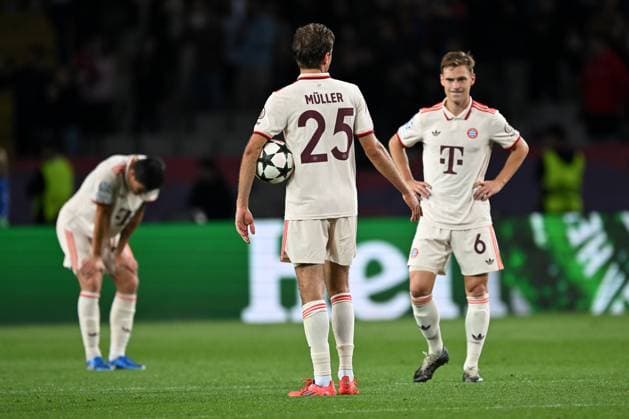 Barcelona, Estadi Olimpic Lluis Companys, 23 10 24, GER, Men, UEFA Champions League, Season 2024 2025, FC Barcelona FC Bayern Muenchen Picture from left Min Jae KIM Muenchen , Thomas MUELLER Muenchen and Joshua KIMMICH Muenchen Only for editorial use UEFA regulations prohibit any use of photographs as image sequences and or quasi video Catalonia Spain
