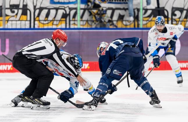 Linesperson Maksim Cepik takes a faceoff between Wojciech Stachowiak ERC Ingolstadt Panther, 19 and Adam Brooks EHC Red Bull Muenchen, 77 GER, EHC Red Bull Muenchen vs ERC Ingolstadt Panther, Ice Hockey, DEL, Matchday 13, Season 2024 2025, 27 10 2024 GER, EHC Red Bull Muenchen vs ERC Ingolstadt Panther, Ice Hockey, DEL, Matchday 13, Season 2024 2025, 27 10 2024 Muenchen Copyright: xEibner-Pressefoto FranzxFeinerx EP_HFR