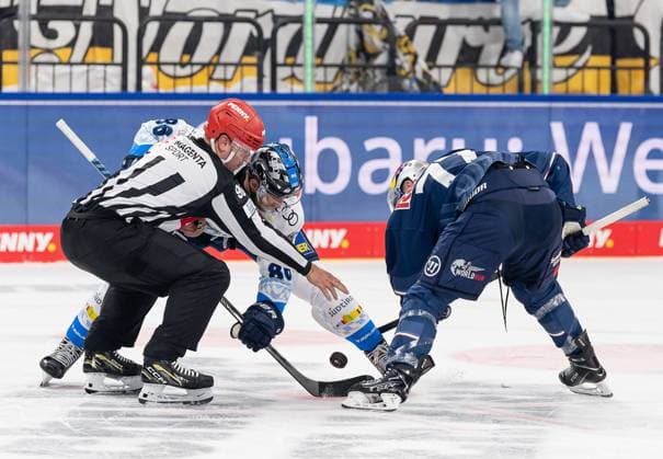 Linesperson Maksim Cepik takes a faceoff between Daniel Pietta ERC Ingolstadt Panther, 86 and Adam Brooks EHC Red Bull Muenchen, 77 GER, EHC Red Bull Muenchen vs ERC Ingolstadt Panther, Ice Hockey, DEL, Matchday 13, Season 2024 2025, 27 10 2024 GER, EHC Red Bull Muenchen vs ERC Ingolstadt Panther, Ice Hockey, DEL, Matchday 13, Season 2024 2025, 27 10 2024 Muenchen Copyright: xEibner-Pressefoto FranzxFeinerx EP_HFR