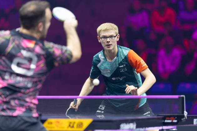 WTT Champions Frankfurt French first round duel between Felix Lebrun right and Simon Gauzy WTT Champions table tennis tournament at the Süwag Energie ARENA in Frankfurt am Main on November 3, 2024 , Frankfurt am Main Hessen Germany Süwag Energie ARENA