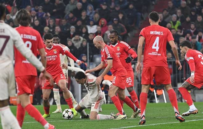 06 11 2024, xjrdrx, Football UEFA Champions League, FC Bayern Muenchen Benfica Lisbon emspor, v l Zeki Amdouni Benfica Lisbon , Jamal Musiala FC Bayern Muenchen , Frederik Aursnes Benfica Lisbon , Renato Sanchez Benfica Lisbon DFL DFB REGULATIONS PROHIBIT ANY USE OF PHOTOGRAPHS as IMAGE SEQUENCES and or QUASI VIDEO Muenchen