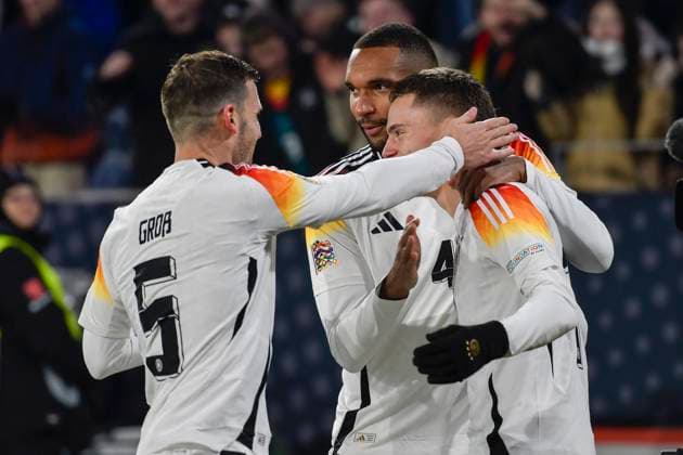 Florian Wirtz Germany 17 celebrates after scoring 4 0 with Jonathan Tah Germany 4 Pascal Gross Germany 5 16 11 2024 Football UEFA Nations League Germany vs Bosnia and Herzegovina, Europa Park Stadion, Freiburg, Baden Württemberg Germany Copyright: xpepphotox xHorstxMauelshagenx pep00321, pep_20241116_hm_2116