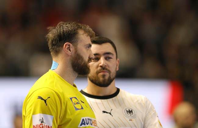 Photo skeptical face of goalkeeper Andreas Wolff Germany and right Jannik Kohlbacher European Handball Championship, match for 3rd place in Cologne , on Sun 28 01 2024 Sweden Germany