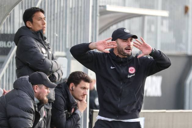 24 11 2024, xusrbx, Fußball Regionalliga Suedwest, Eintracht Frankfurt U21 Stuttgarter Kickers emspor, v l Makoto Hasebe Co Eintracht Frankfurt , Dennis Schmitt Trainer Eintracht Frankfurt , DFL DFB REGULATIONS PROHIBIT ANY USE OF PHOTOGRAPHS as IMAGE SEQUENCES and or QUASI VIDEO Dreieich