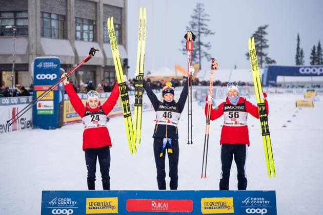 241129 Therese Johaug of Norway, Frida Karlsson of Sweden and Astrid oyre Slind of Norway celebrate after competing in the women s 10km classic interval start during the FIS Cross Country World Cup on November 29, 2024 in Ruka Photo Kalle Parkkinen BILDBYRAN COP 211 KP0066 skidor cross country skiing langrenn bbeng women interval classic sverige norge jubel  Copyright: KALLExPARKKINEN BB241129BB042