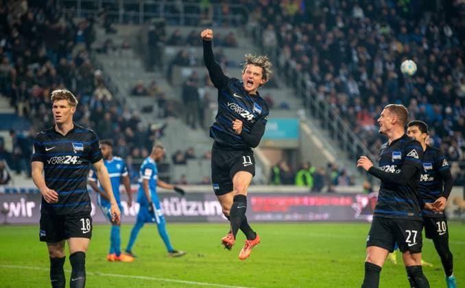 Soccer, Men, Season 2024 2025, 2 Bundesliga 14 Matchday , 1 FC Magdeburg Hertha BSC, f l Luca Schuler Hertha BSC , Fabian Reese Hertha BSC , Michael Cuisance Hertha BSC , Ibrahim Maza Hertha BSC , Celebration after goal to 1 3, 29 11 2024, Copyright: xSebastianxRäppold MatthiasxKochx