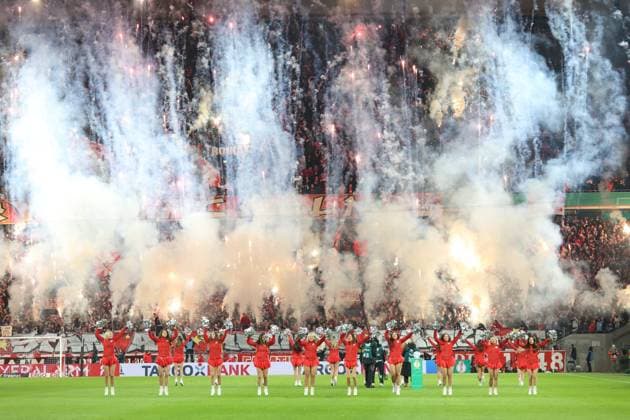 Fireworks in the south curve of Cologne before kick-off, Cologne, Germany, 04 12 2024, DFB Pokal Round of 16, 1 FC Köln Hertha BSC Berlin DFL REGULATES PROHIBIT ANY USE OF PHOTOGRAPHS AS IMAGE SEQUENCES AND OR QUASI VIDEO