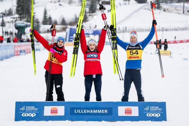 241206 Heidi Weng, Therese Johaug and Astrid oyre Slind of Norway celebrate after competing in women s cross country skiing 10 km free technique interval start during the FIS Cross Country World Cup on December 6, 2024 in Lillehammer Photo Mathias Bergeld BILDBYRAN kod MB MB1014 skidor cross country skiing langrenn världscupen fis cross country world cup fristil free technique dam bbeng women kvinner jubel  Copyright: MATHIASxBERGELD BB241206MB101
