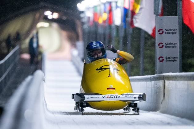 Laura Nolte Germany celebrates a good run and the following victory at the finish, GER, IBSF Bobsleigh World Cup Altenberg, Race Monobob Women, 07 12 2024 GER, IBSF Bobsleigh World Cup Altenberg, Race Monobob Women, 07 12 2024 Altenberg Copyright: xEibner-Pressefoto Memmlerx EP_MMR