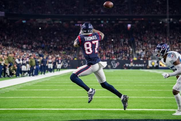 NFL, American Football Herren, USA 2018: Titans vs Texans NOV 26 November 26, 2018: Houston Texans wide receiver Demaryius Thomas (87) makes a touchdown catch during the 4th quarter of an NFL football game between the Tennessee Titans and the Houston Texans at NRG Stadium in Houston, TX. The Texans won the game 34 to 17...Trask Smith CSM Houston TX U.S. EDITORIAL USE ONLY Copyright: xx ZUMA-20181126_zaf_c04_319.jpg TraskxSmithx csmphototwo467669