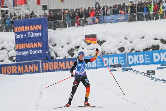 BIATHLON Finish of PREUSS Franziska GER in the womens relay over 4x6 km during the BMW IBU World Cup Biathlon Hochfilzen on 15 12 2024, Austria, Tirol Hochfilzen Biathlon Stadium Tirol Austria