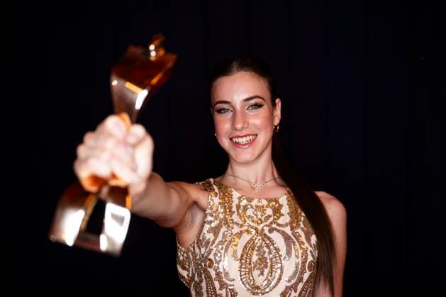 Sportswoman of the Year 2024 Darja Varfolomeev poses with her trophy after receiving the Sportswoman of the Year 2024 award Baden Baden Kurhaus Baden Württemberg Germany