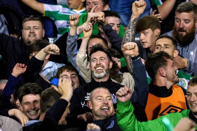 UEFA Europa League Third Qualifying Round Second Leg, Tallaght Stadium, Dublin 15 8 2024 Shamrock Rovers vs Celje Shamrock Rovers head coach Stephen Bradley celebrates with fans after the game Stephen Bradley celebrates with fans after the game 16 12 2024  Copyright: x INPHO LaszloxGeczox inpho_02542628