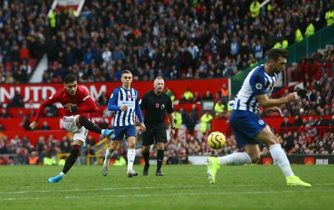 Manchester United, ManU v Brighton and Hove Albion - Premier League - Old Trafford November 10, 2019, Manchester, United Kingdom: Andreas Pereira of Manchester United takes a shot during the Premier League match at Old Trafford, Manchester. Picture date: 10th November 2019. Picture credit should read: Phil Oldham Sportimage Manchester United Kingdom EDITORIAL USE ONLY Copyright: xx ZUMA-20191110_zaf_si1_047.jpg PhilxOldhamx csmphototwo609163