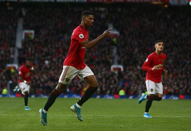 Manchester United, ManU v Brighton and Hove Albion - Premier League - Old Trafford November 10, 2019, Manchester, United Kingdom: Marcus Rashford of Manchester United celebrates scoring the third goal during the Premier League match at Old Trafford, Manchester. Picture date: 10th November 2019. Picture credit should read: Phil Oldham Sportimage Manchester United Kingdom EDITORIAL USE ONLY Copyright: xx ZUMA-20191110_zaf_si1_081.jpg PhilxOldhamx csmphototwo609195