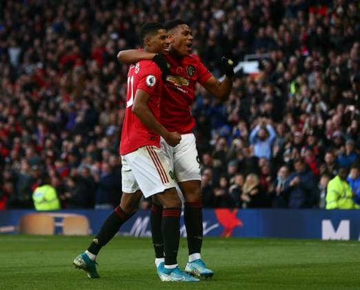 Manchester United, ManU v Brighton and Hove Albion - Premier League - Old Trafford November 10, 2019, Manchester, United Kingdom: Marcus Rashford of Manchester United celebrates scoring the third goal with Anthony Martial of Manchester United during the Premier League match at Old Trafford, Manchester. Picture date: 10th November 2019. Picture credit should read: Phil Oldham Sportimage Manchester United Kingdom EDITORIAL USE ONLY Copyright: xx ZUMA-20191110_zaf_si1_083.jpg PhilxOldhamx csmphototwo609197