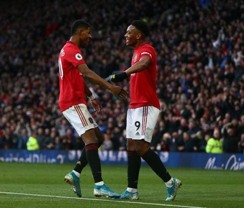 Manchester United, ManU v Brighton and Hove Albion - Premier League - Old Trafford November 10, 2019, Manchester, United Kingdom: Marcus Rashford of Manchester United celebrates scoring the third goal with Anthony Martial of Manchester United during the Premier League match at Old Trafford, Manchester. Picture date: 10th November 2019. Picture credit should read: Phil Oldham Sportimage Manchester United Kingdom EDITORIAL USE ONLY Copyright: xx ZUMA-20191110_zaf_si1_076.jpg PhilxOldhamx csmphototwo609200