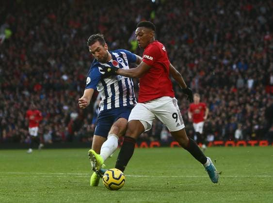 Manchester United, ManU v Brighton and Hove Albion - Premier League - Old Trafford November 10, 2019, Manchester, United Kingdom: Anthony Martial of Manchester United tackled by Shane Duffy of Brighton during the Premier League match at Old Trafford, Manchester. Picture date: 10th November 2019. Picture credit should read: Phil Oldham Sportimage Manchester United Kingdom EDITORIAL USE ONLY Copyright: xx ZUMA-20191110_zaf_si1_088.jpg PhilxOldhamx csmphototwo609203