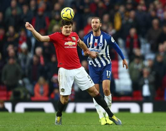 Manchester United, ManU v Brighton and Hove Albion - Premier League - Old Trafford November 10, 2019, Manchester, United Kingdom: Harry Maguire of Manchester United gets in front of Glenn Murray of Brighton during the Premier League match at Old Trafford, Manchester. Picture date: 10th November 2019. Picture credit should read: Phil Oldham Sportimage Manchester United Kingdom EDITORIAL USE ONLY Copyright: xx ZUMA-20191110_zaf_si1_098.jpg PhilxOldhamx csmphototwo609217