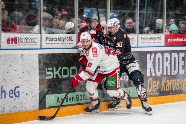 Battle for the puck duel between Patrick Demetz Eisbaeren Regensburg, 92 and Adam Payerl Towerstars Ravensburg, 90 , GER, Ravensburg Towerstars vs Eisbaeren Regensburg, Ice Hockey, DEL2, Season 2024 2025, Matchday 30, 26 12 24 GER, Ravensburg Towerstars vs Eisbaeren Regensburg, Ice Hockey, DEL2, Season 2024 2025, Matchday 30, 26 12 24 Ravenburg Copyright: xEibner-Pressefoto MaximilianxRistx EP_MRT