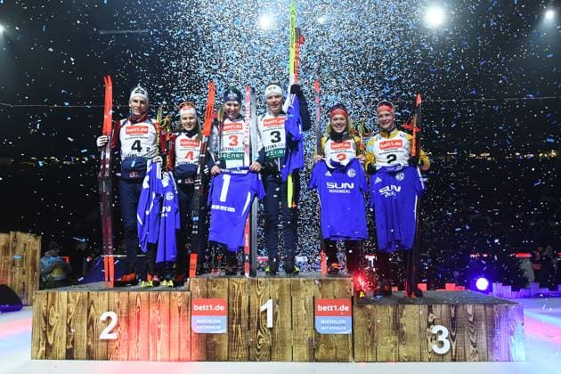 Biathlon at Schalke 2024 on 28 12 2024 in the Veltins Arena in Gelsenkirchen Winner photo Group photo 3rd place Charlotte Gallbronner Germany and Linus Kesper Germany 2nd place Wilma Anhaus Austria and Thomas Marchl Austria 1st place Guro Femsteinevik Norway and Sivert Silsand Gerhardsen Norway xRx