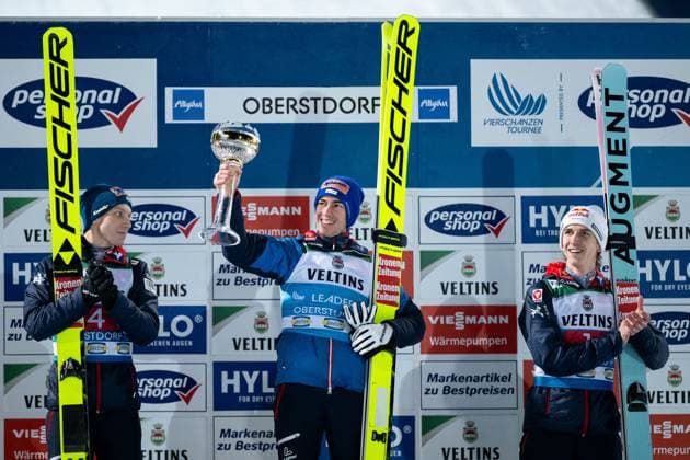 KRAFT Stefan Oesterreich celebrates his victory on the podium at the award ceremony, next to him HOERL Jan Oesterreich , TSCHOFENIG Daniel Oesterreich , GER, FIS Viessmann Ski Jumping World Cup, Four Hills Tournament opening competition Oberstdorf, Individual ski jumping competition, 2024 2025 season, 29 12 2024 GER, FIS Viessmann Ski Jumping World Cup, Four Hills Tournament opening competition Oberstdorf, Individual ski jumping competition, 2024 2025 season, 29 12 2024 Oberstdorf Copyright: xEibner-Pressefoto Memmlerx EP_MMR