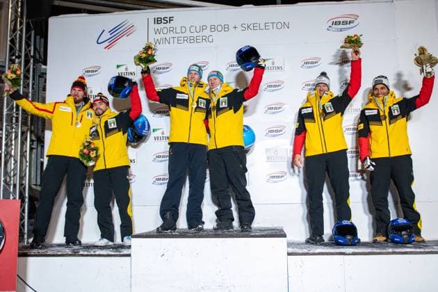 IBSF Bobsleigh World Cup Winterberg, 04 01 2025 Adam Ammour Benedikt Hertel GER, 16 , Francesco Friedrich Alexander Schüller GER, 8 , Johannes Lochner Joshua Tasche GER, 13 at the award ceremony IBSF Bobsleigh World Cup Winterberg Mens 2-man bobsleigh, 04 01 2025 Copyright: xBEAUTIFULxSPORTS Erlhofx