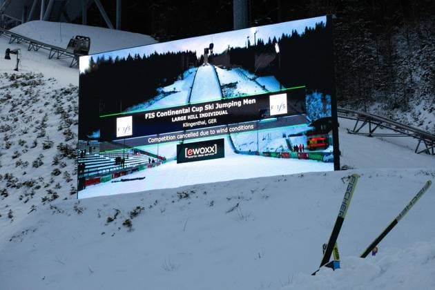 12 01 2025, Ski jumping, men, FIS Continental Cup, winter, 8 individual competition Cancellation of the competition will be communicated to the video screen in the stadium Klingenthal Vogtland Arena Saxony Germany