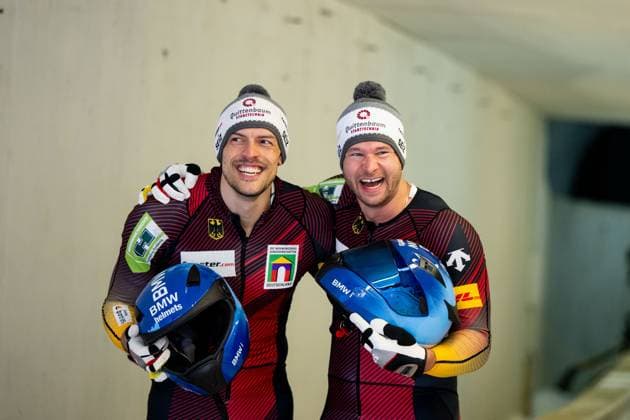 Johannes Lochner, Georg Fleischhauer Germany celebrate victory at the finish, AUT, IBSF Bobsleigh World Cup Innsbruck Igls, race two-man bobsleigh men, season 2024 2025, 18 01 2025 AUT, IBSF Bobsleigh World Cup Innsbruck Igls, race two-man bobsleigh men, season 2024 2025, 18 01 2025 Innsnruck Copyright: xEibner-Pressefoto Memmlerx EP_MMR