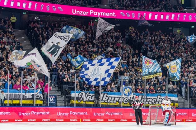 The Munich fans in the North Curve behind Henrik Haukeland Goalkeeper, Duesseldorfer EG, 40 GER, EHC Red Bull Muenchen vs Duesseldorfer EG, Ice Hockey, DEL, Matchday 38, Season 2024 2025, 19 01 2025 GER, EHC Red Bull Muenchen vs Duesseldorfer EG, Ice Hockey, DEL, Matchday 38, Season 2024 2025, 19 01 2025 Muenchen Copyright: xEibner-Pressefoto FranzxFeinerx EP_HFR