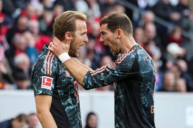 Goal celebration FC Bayern Munich at 0 1 by Harry Kane FC Bayern Munich, 09 , with Leon Goretzka FC Bayern Munich, 08 , Soccer, 1 Bundesliga, 19 Matchday, 2024 2025, SC Freiburg vs FC Bayern Munich, 25 01 2025, Europa Park Stadion , Freiburg im Breisgau, Germany DFL REGULATIONS PROHIBIT ANY USE OF PHOTOGRAPHS AS IMAGE SEQUENCES AND OR QUASI VIDEO Freiburg im Breisgau Europa Park Stadion Baden Württemberg Germany Copyright: xGrantxHubbsx