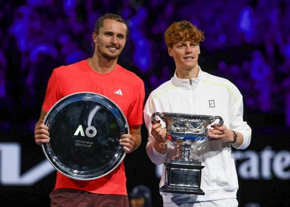 Winner Jannik Sinner and finalist Alexander Zverev, Award ceremony, Presentation, Australian Open 2025, Melbourne Park, Melbourne, Victoria, Australia Copyright: xJuergenxHasenkopfx