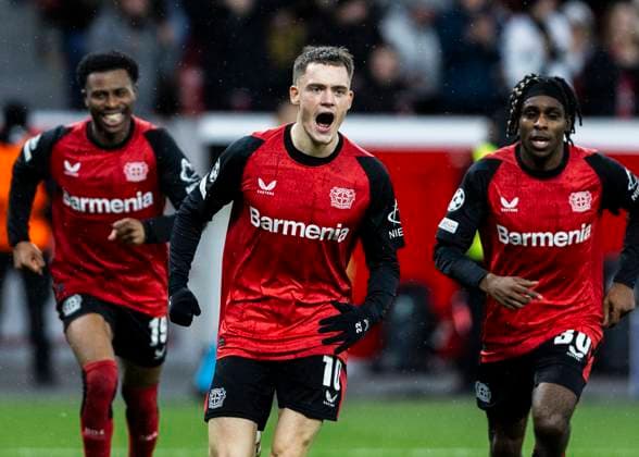 Leverkusen, Bayarena, 29 01 2025 Florian Wirtz of Leverkusen celebrates scoring the 1 0 goal during the championsleague match between Bayer 04 Leverkusen v Sparta Prague