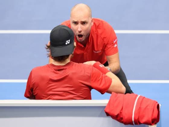 Belgian Zizou Bergs and Belgian captain Steve Darcis pictured during a game between Belgian Bergs and Chilean Barrios Vera, the first match in the Davis Cup qualifiers World Group tennis meeting between Belgium and Chile, Saturday 01 February 2025, in Hasselt. BENOITxDOPPAGNE  x111577479x