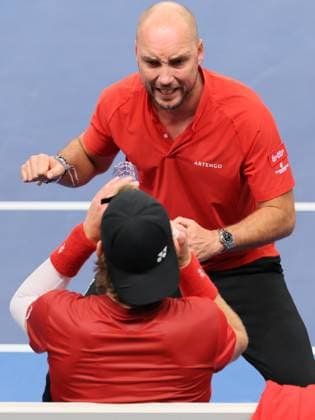 Belgian Zizou Bergs and Belgian captain Steve Darcis pictured during a game between Belgian Bergs and Chilean Barrios Vera, the first match in the Davis Cup qualifiers World Group tennis meeting between Belgium and Chile, Saturday 01 February 2025, in Hasselt. BENOITxDOPPAGNE  x111577489x
