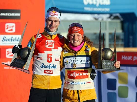 Seefeld, Austria, 02 February 2025 FIS NORDIC COMBINED WORLD CUP, Nordic Combined World Cup, Nordic Triple, Seefeld, cross-country skiing, men The two German winners of the day and overall winners with the trophy in their hands GEIGER Vinzenz GER left with ARMBRUSTER Nathalie right